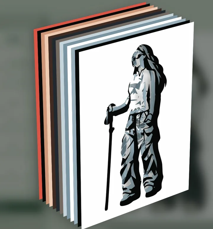 The same hiker as a stack of full paper sheets in its own colors, each sheet cut with holes so the ones behind show through