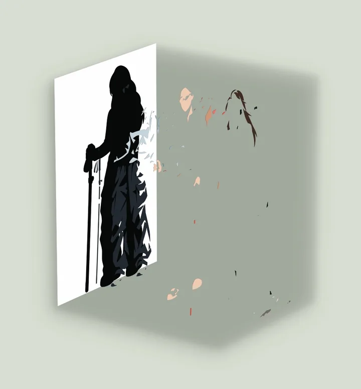 An AI-generated SVG of a hiker in a 3D preview: one solid black silhouette in front, and the other colors as loose pieces floating behind it