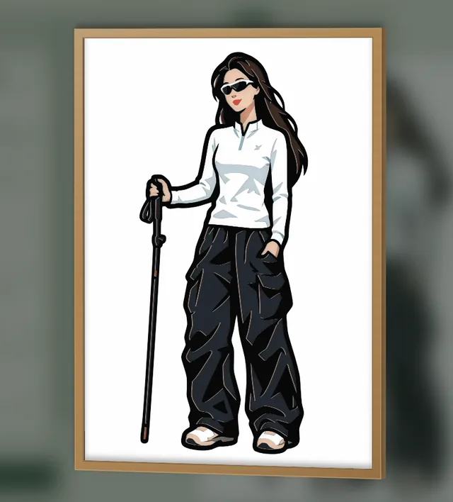 The finished hiker shadow box previewed in a wooden frame, with brown hair, red lips and red marks on the trekking pole kept