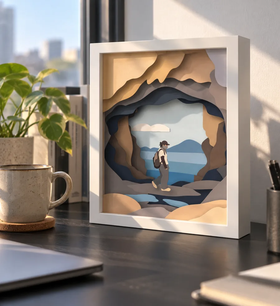 The finished layered papercut standing in a white deep frame on a desk, lit from a window