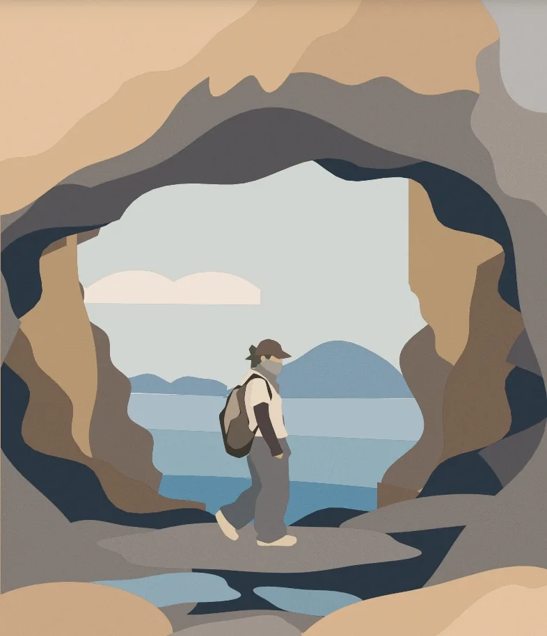The same scene redrawn as flat areas of color, with the cave walls, water and sky reduced to a small number of shapes