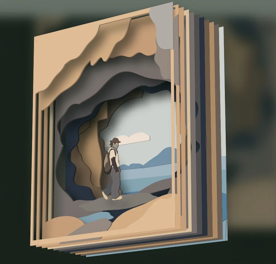 The same scene shown as a stack of separate paper sheets, fanned apart at an angle so each cut layer is visible