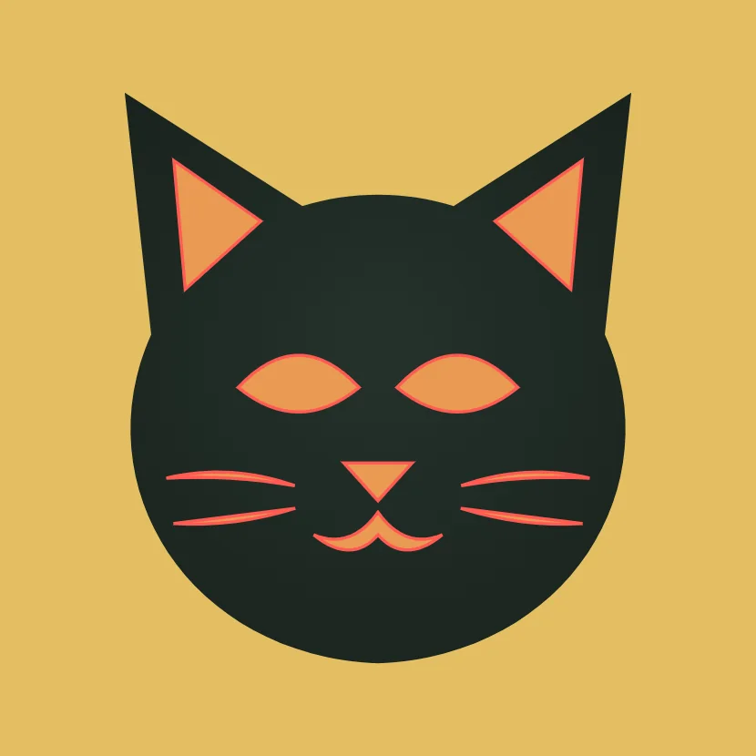 A cat head cut out of a yellow sheet, with the ears, eyes, nose, mouth and whiskers floating loose and marked in red