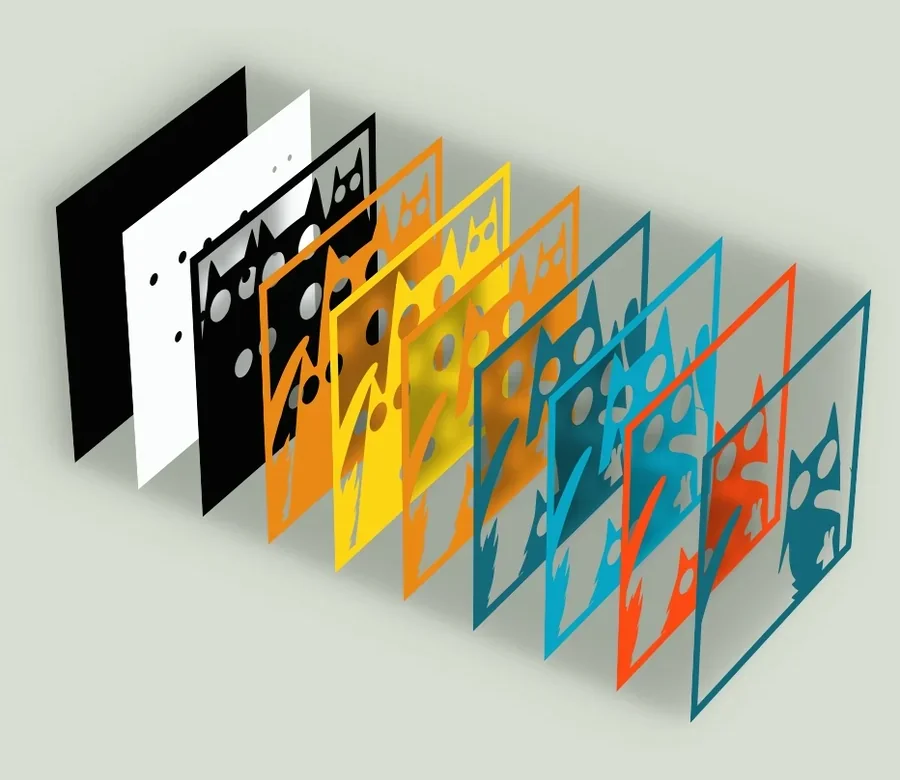 Ten paper sheets standing one behind another, with a teal sheet at the front