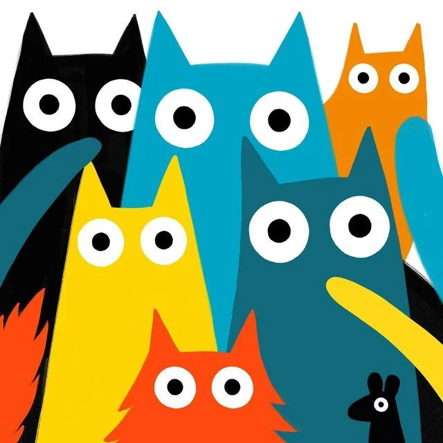 Seven flat cartoon cats in black, blue, orange, yellow, teal and red, with a small black mouse in the corner
