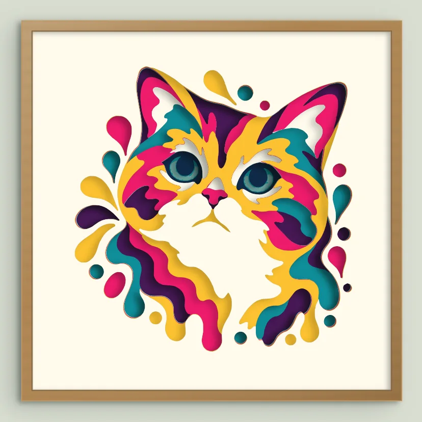 A layered cat portrait in the 3D preview, framed in light wood, with soft shadows between the layers