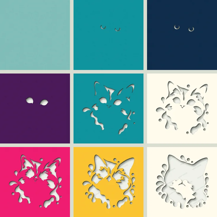Nine paper sheets in teal, navy, purple, cream, pink and yellow, each with different shapes cut out of it