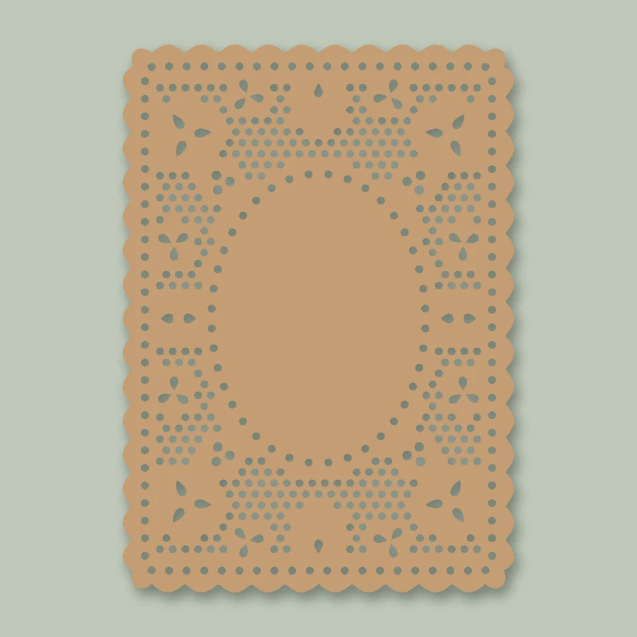 A kraft paper 5 by 7 inch lace card with an oval panel in the middle