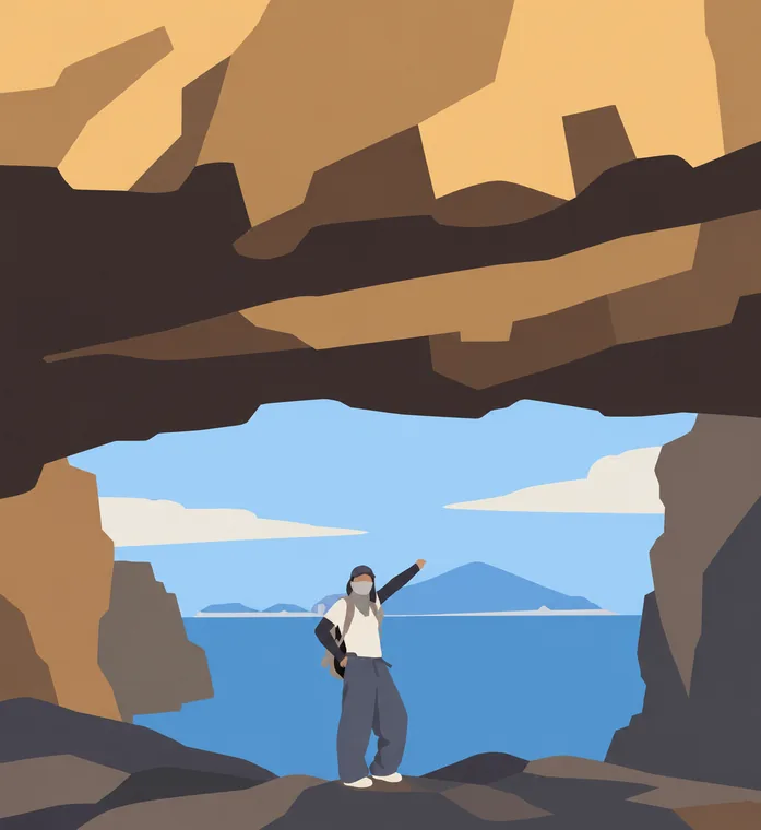 A figure standing in a sea cave, color block