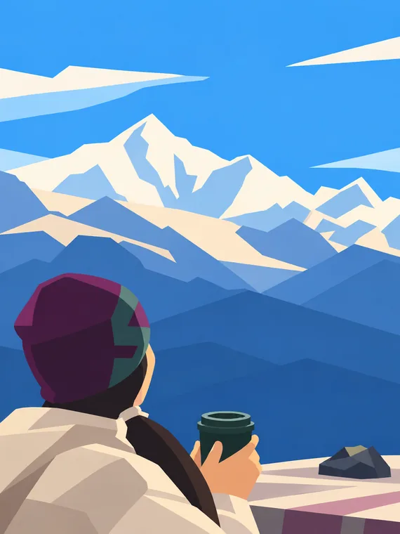 A hiker in front of snowy mountains, color block