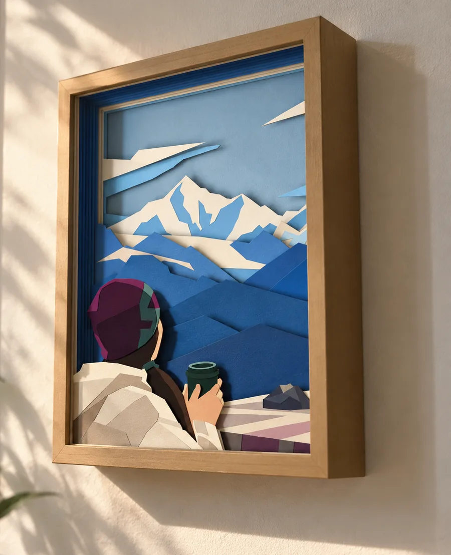A mockup of the snowy mountain papercut in a wooden deep frame hanging on a sunlit wall