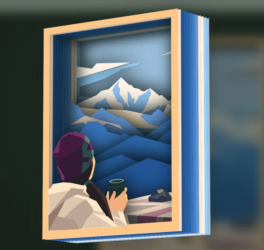 The simplified snowy mountain scene as a stack of blue, white and purple paper layers in the KerfPress 3D preview
