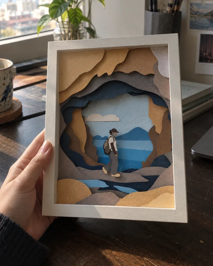 Finished sea cave papercut mounted in a shadow box
