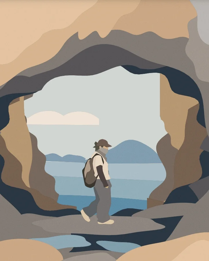 Sea cave scene simplified into flat color shapes
