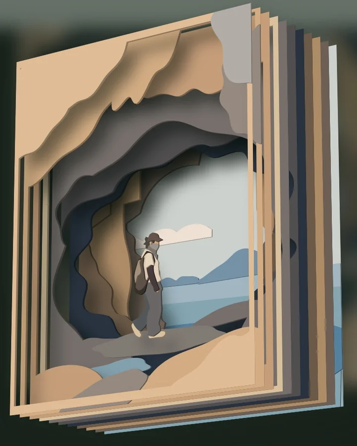 Sea cave artwork separated into stacked paper layers