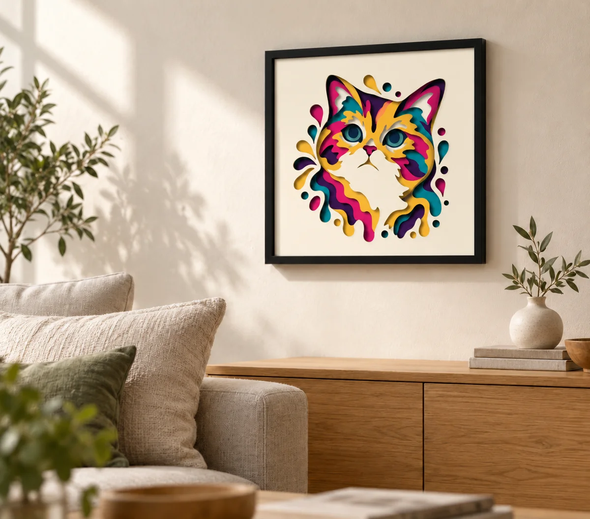 The color splash cat cut as a layered papercut, framed on a living room wall