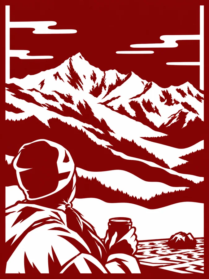 A hiker looking out over a mountain lake, silhouette cutout