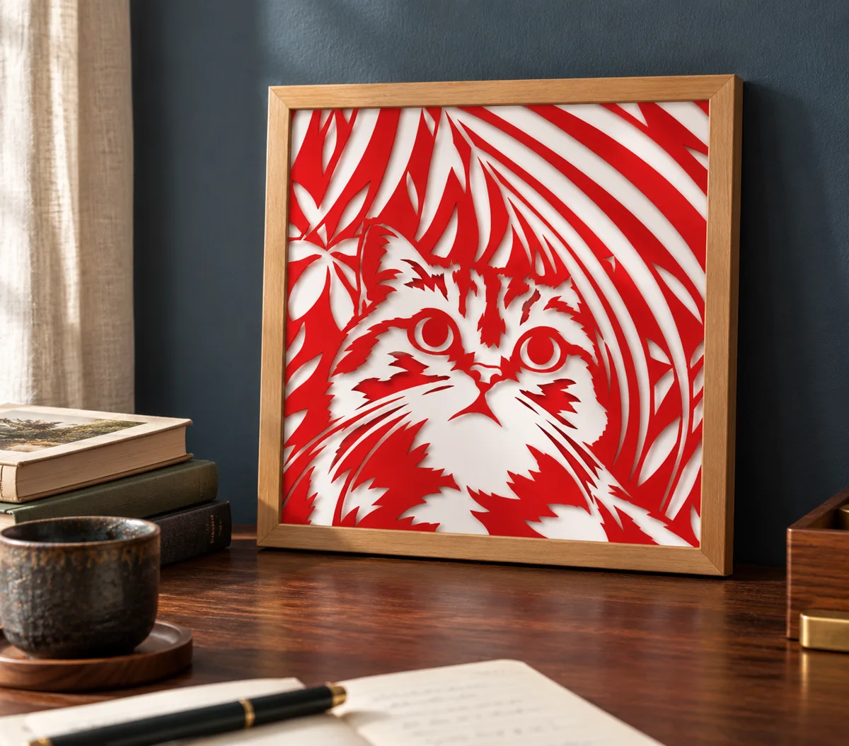 The red papercut cat cut from paper, framed and standing on a wooden desk