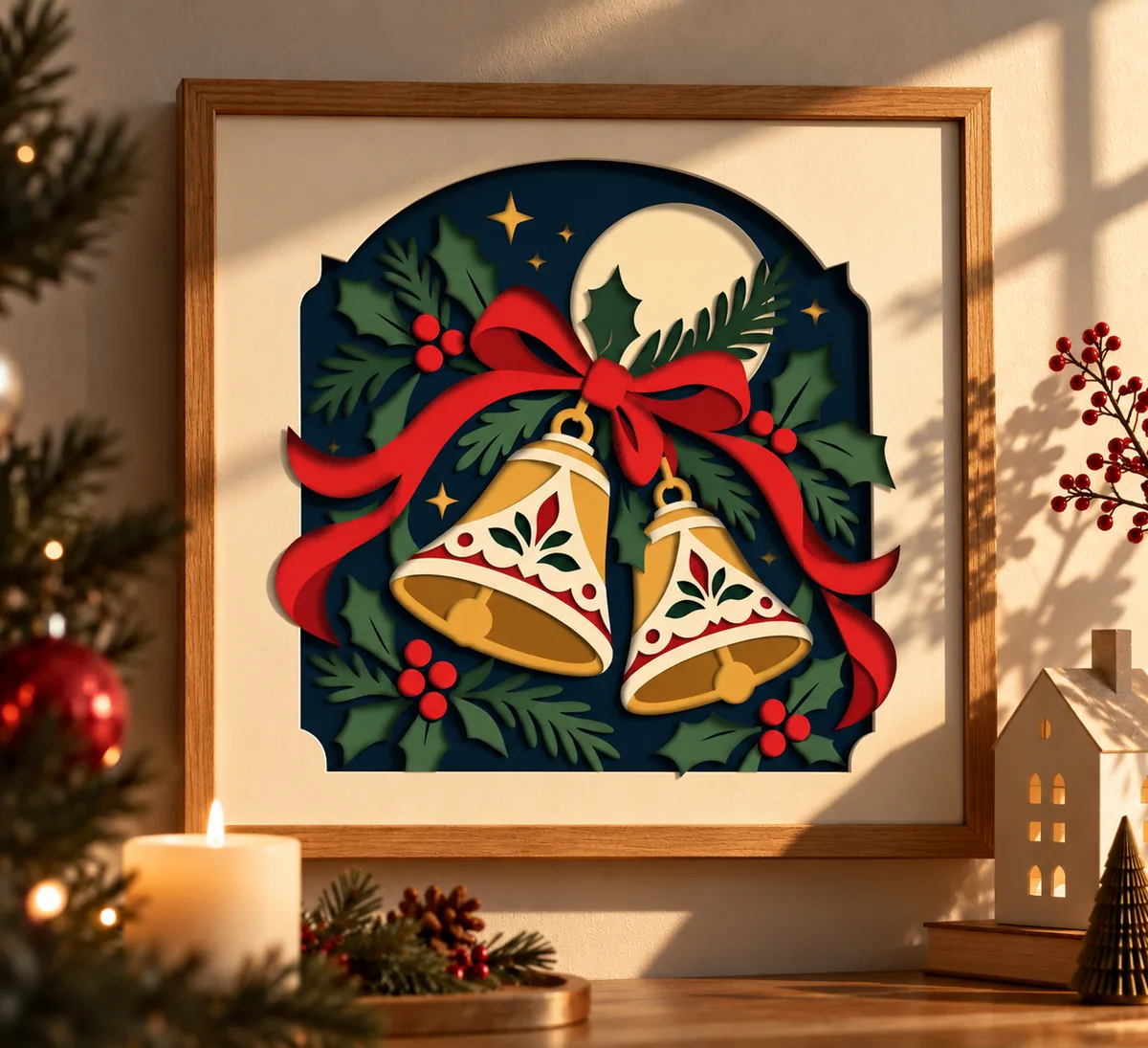 Christmas bells with holly layered papercut displayed in a room