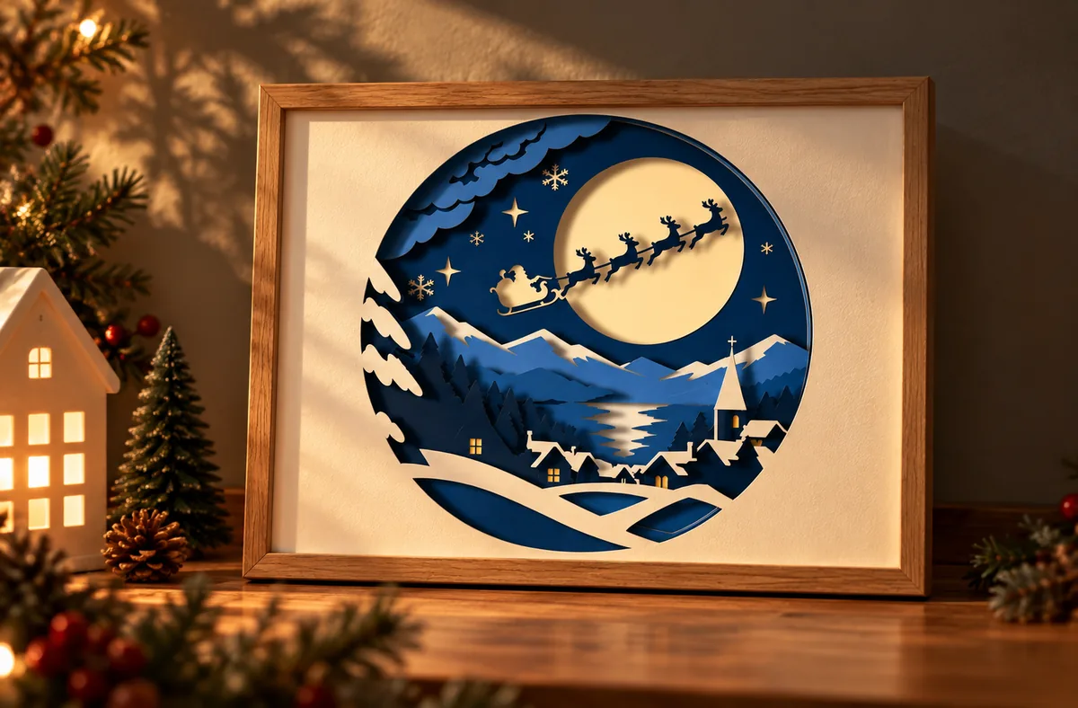 Santa sleigh Christmas Eve shadow box layered papercut displayed in a room