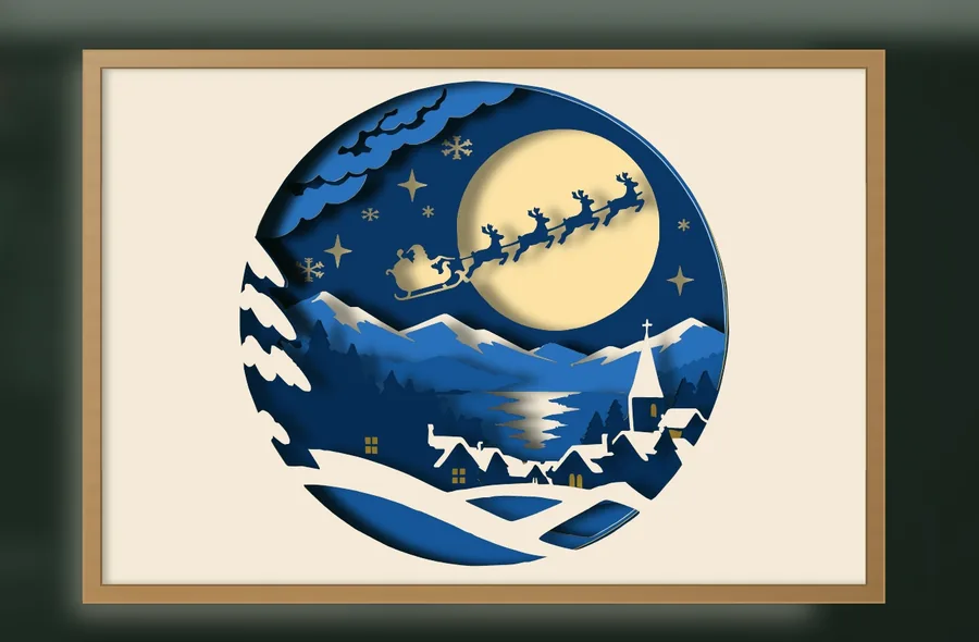 Finished Santa sleigh Christmas Eve shadow box layered papercut in a shadow box frame
