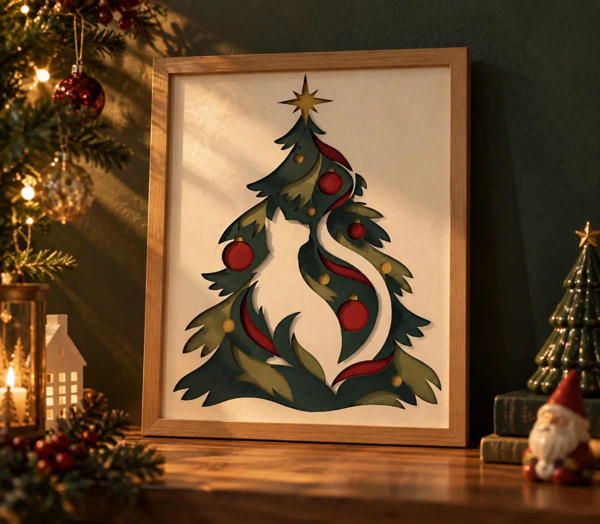 Christmas tree cat layered papercut displayed in a room