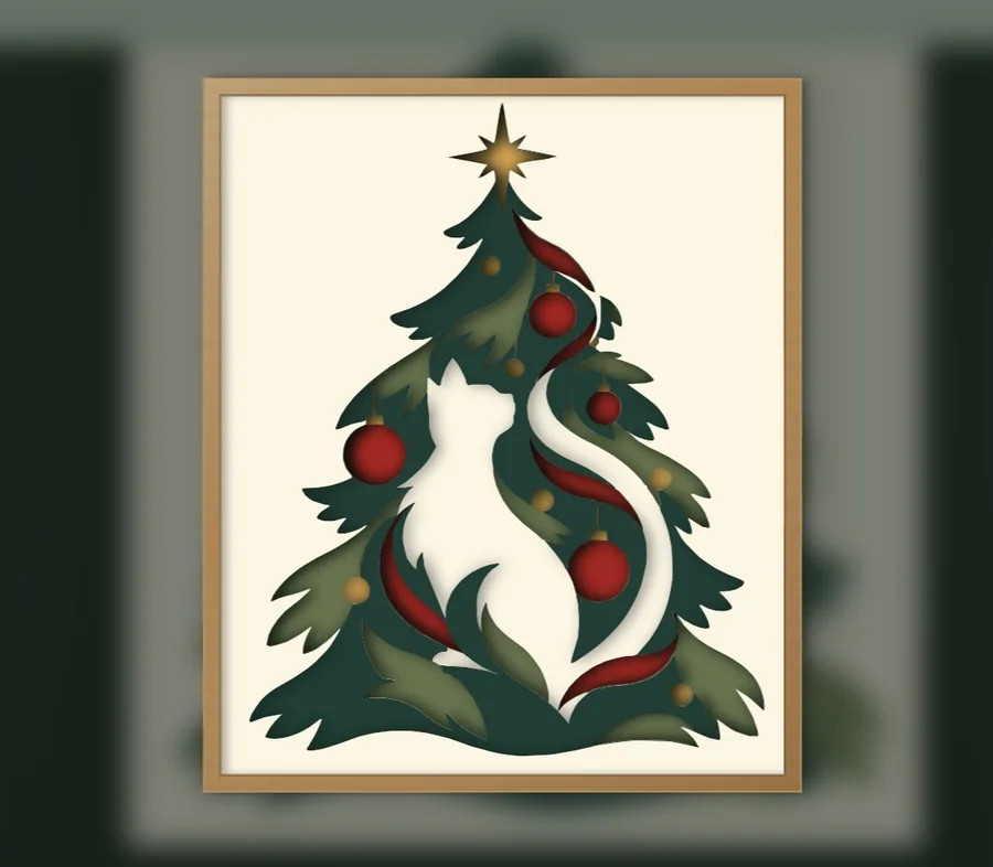 Finished Christmas tree cat layered papercut in a frame
