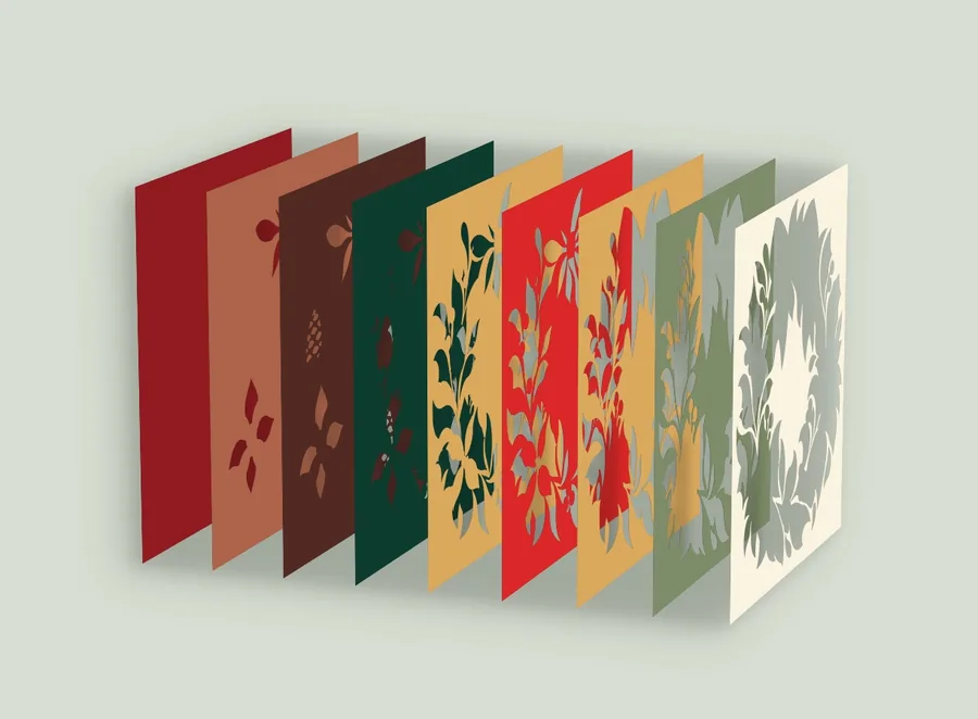 Exploded view of the 9 layers of the Christmas wreath template