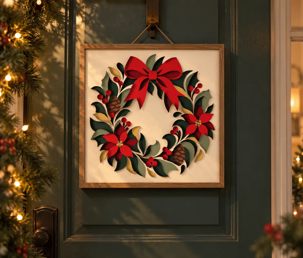 Christmas wreath layered papercut displayed in a room