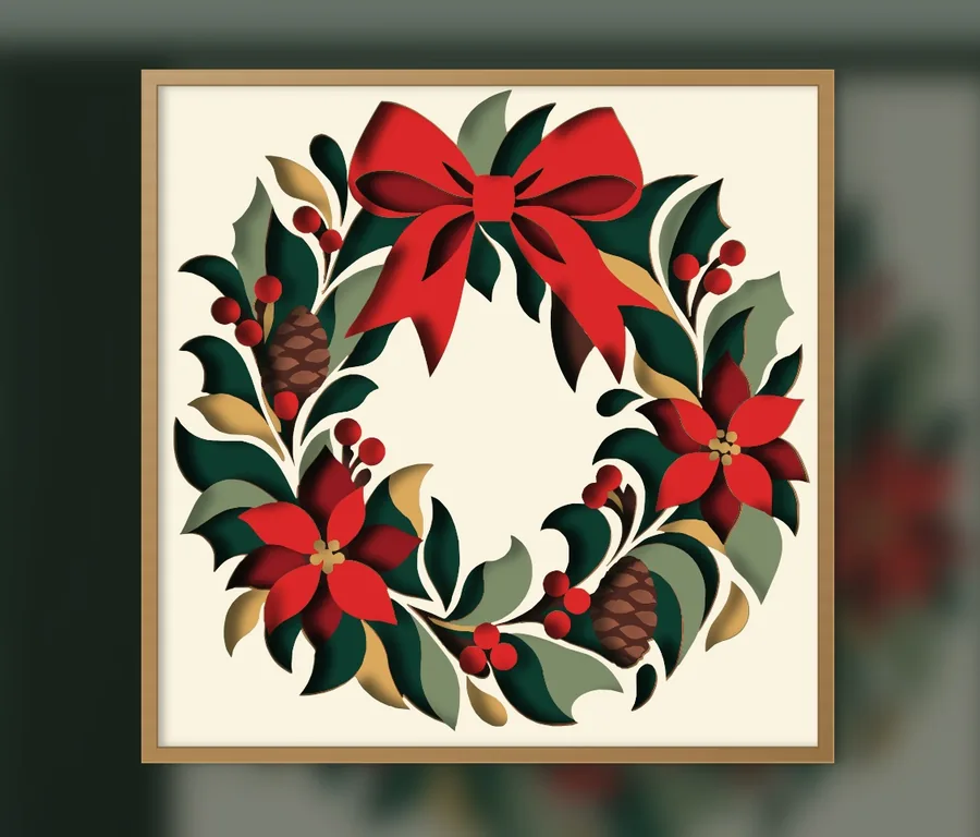 Finished Christmas wreath layered papercut in a frame