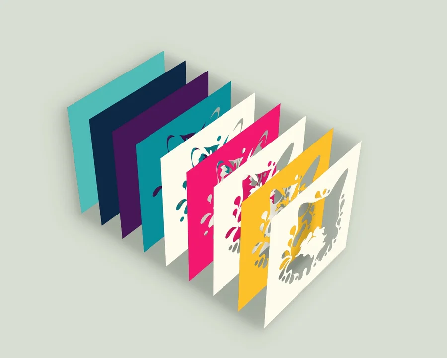 Exploded view of the 9 layers of the color splash cat template
