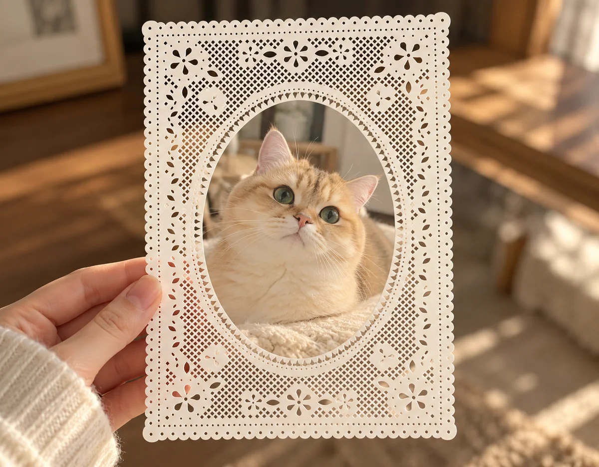 Floral lace frame held up in a room