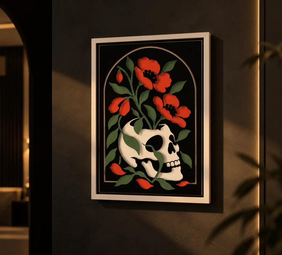 Floral skull layered papercut displayed in a room