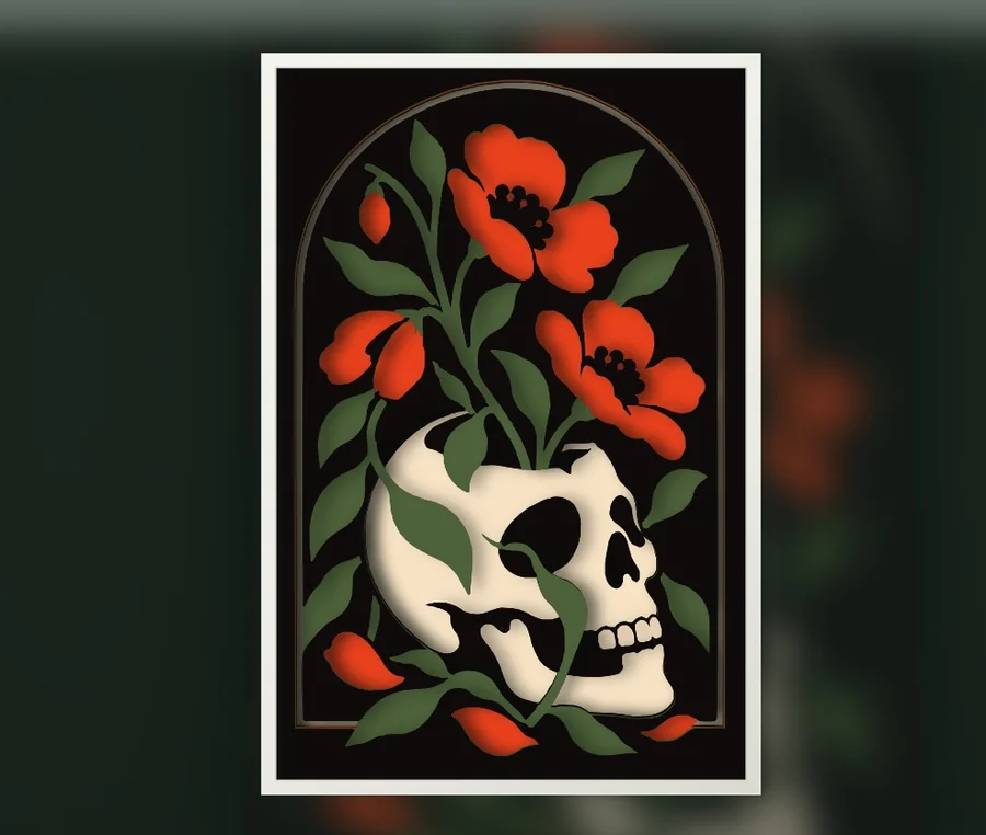Finished floral skull layered papercut in a frame