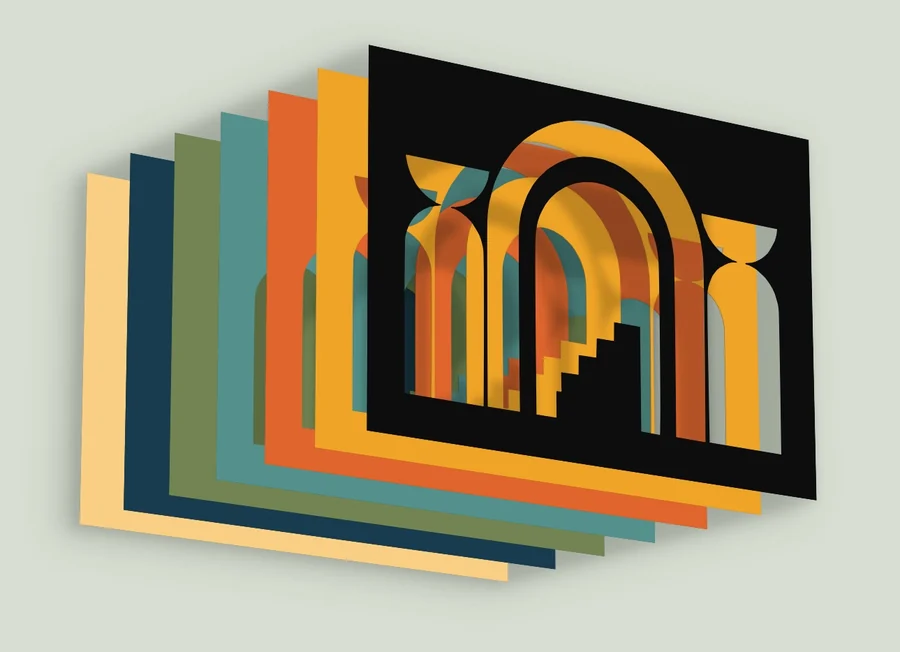 Exploded view of the 7 layers of the geometric building template