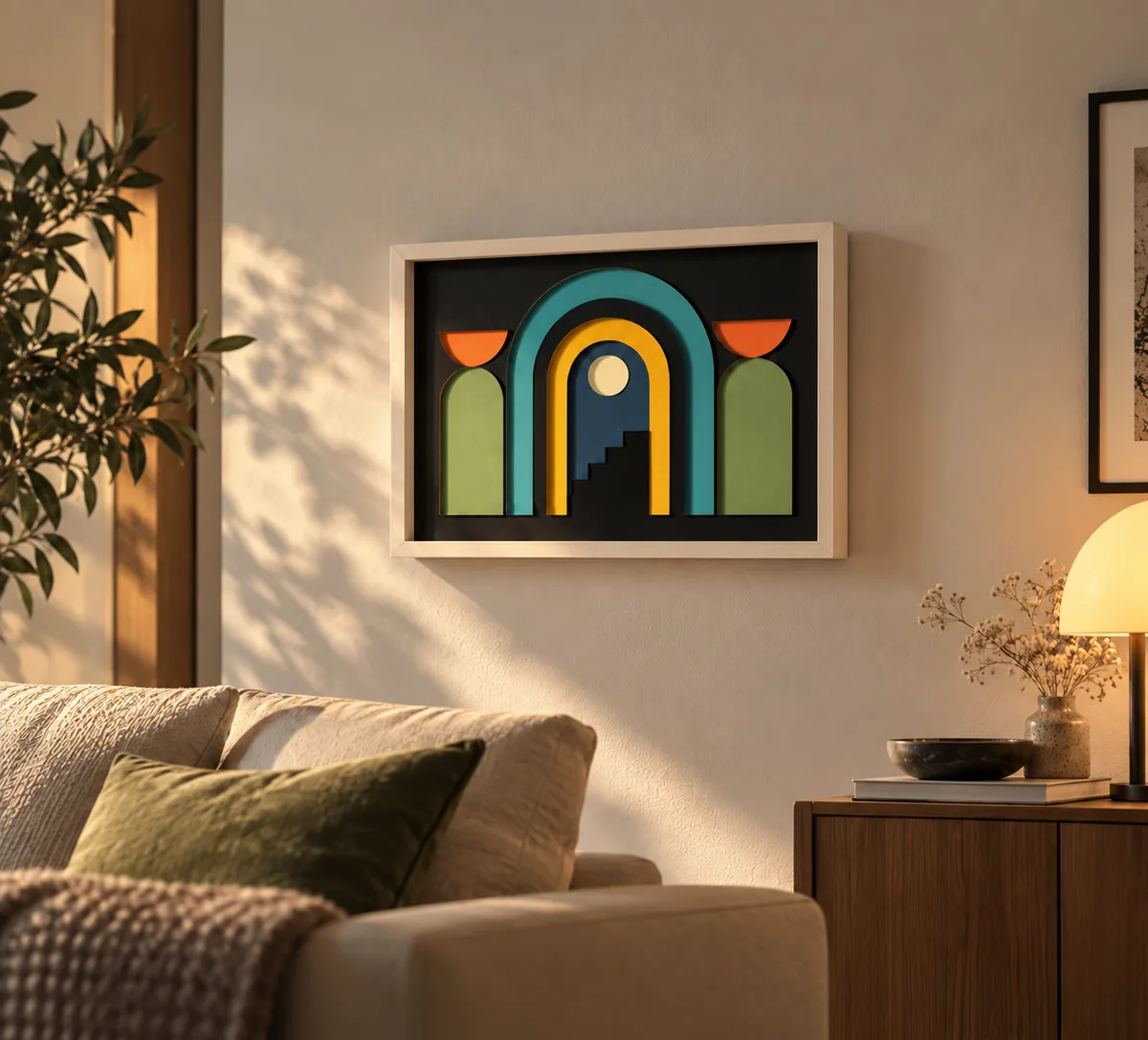 Geometric building layered papercut displayed in a room