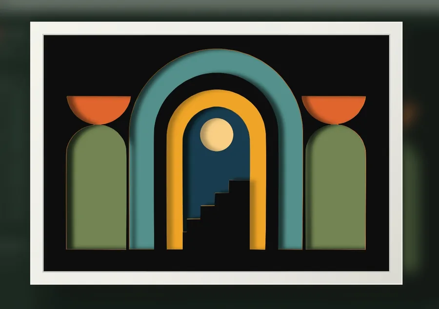 Finished geometric building layered papercut in a frame
