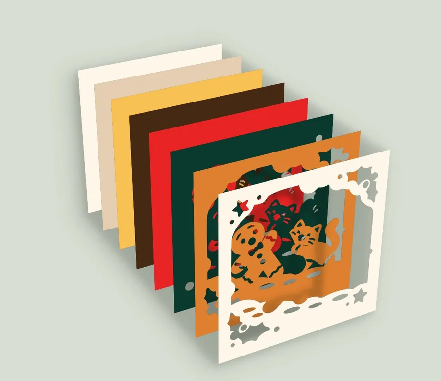 Exploded view of the 8 layers of the gingerbread cat and gingerbread man template