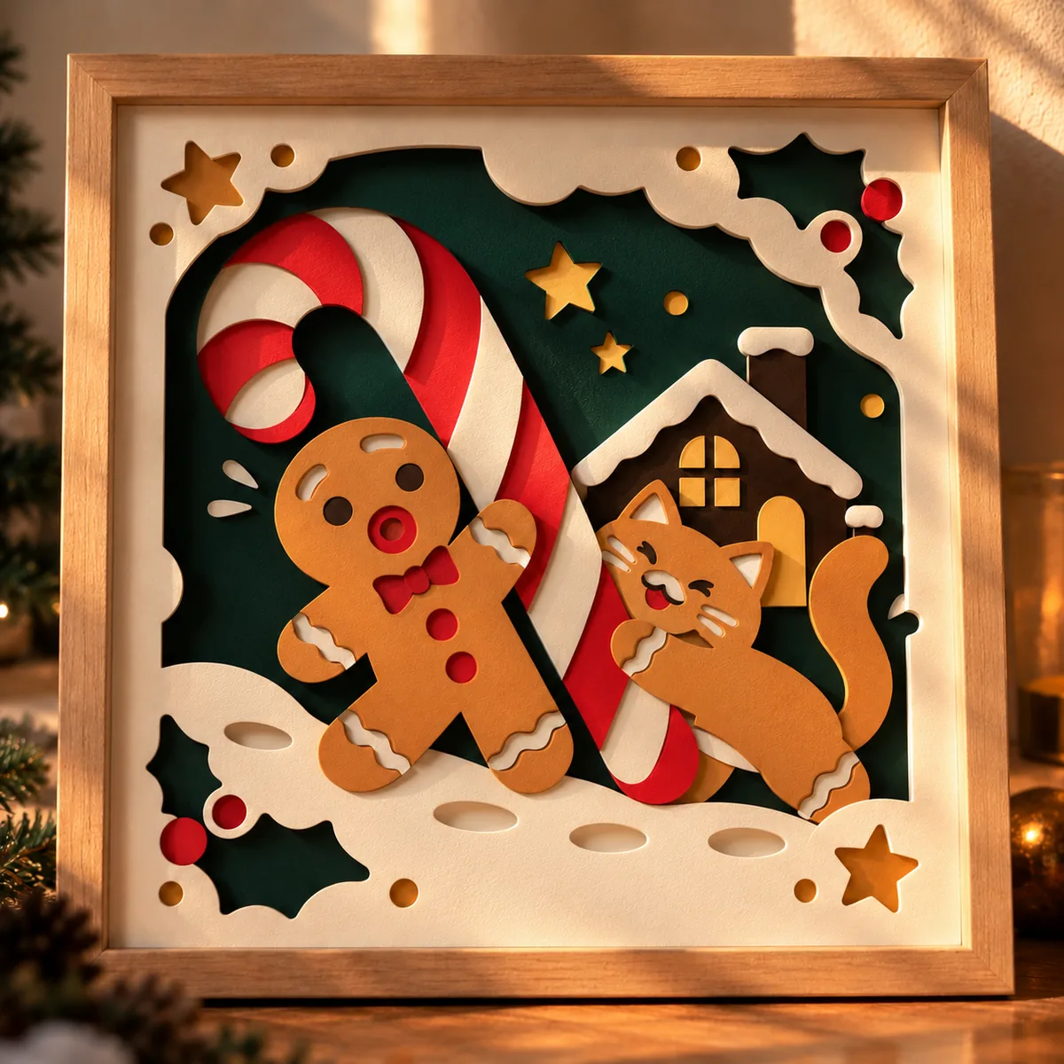 Gingerbread cat and gingerbread man layered papercut displayed in a room