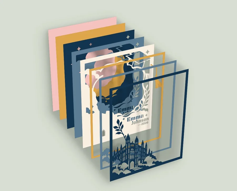 Exploded view of the 8 layers of the graduation gift shadow box frame template