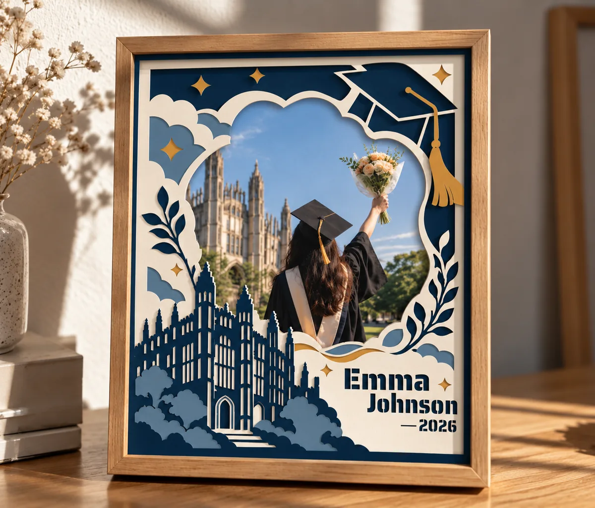 Graduation gift layered papercut frame displayed on a table