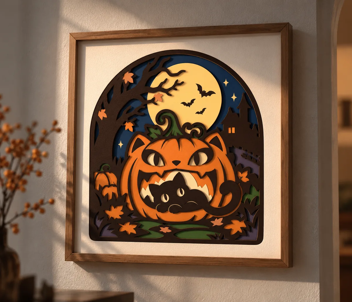 Black cat in a jack-o'-lantern layered papercut displayed in a room