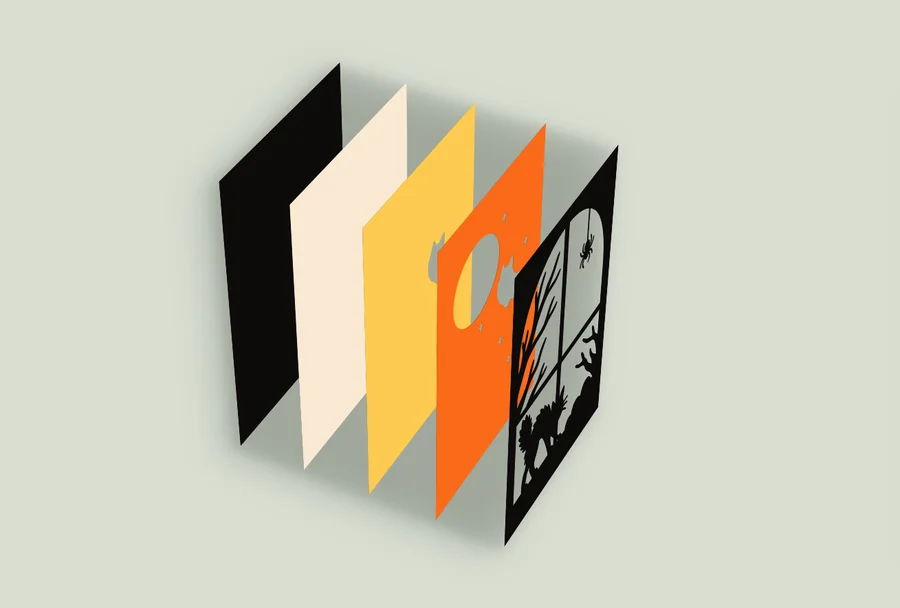 Exploded view of the 5 layers of the black cat Halloween window template