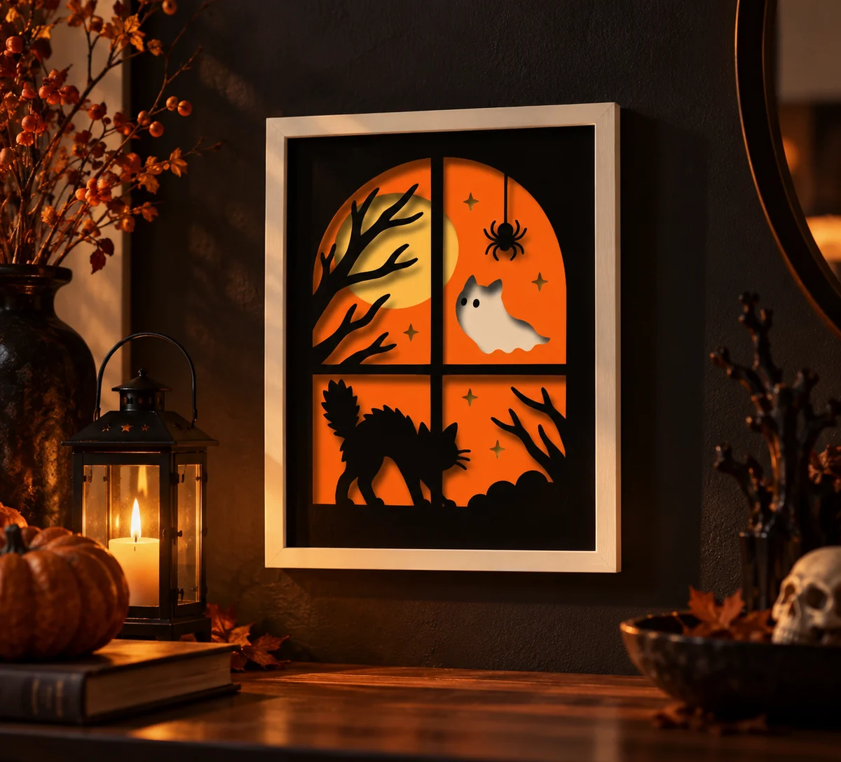 Black cat Halloween window layered papercut displayed in a room