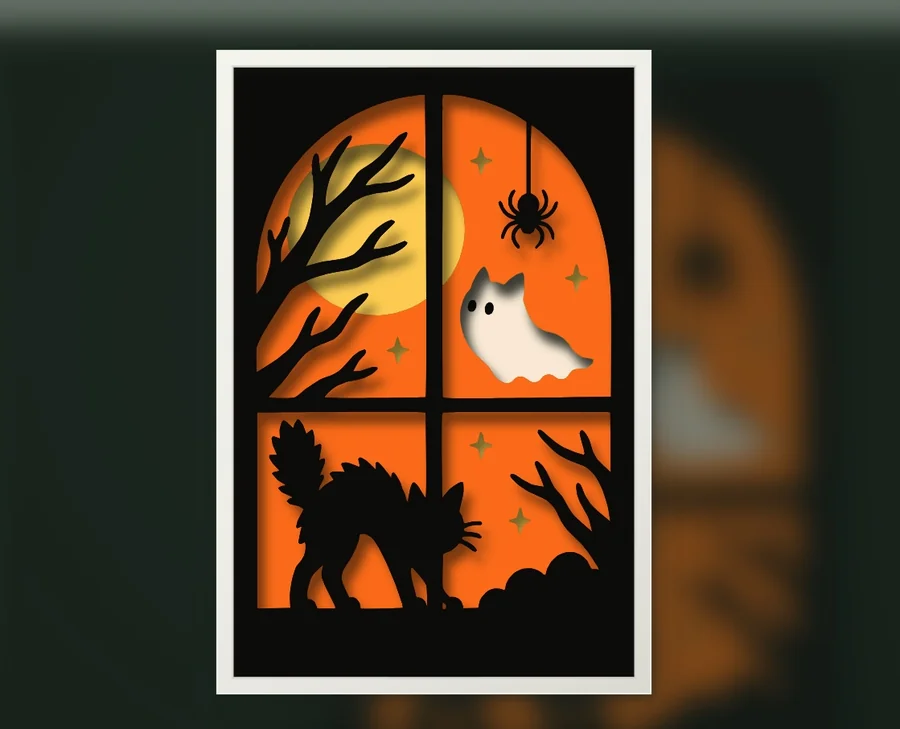 Finished black cat Halloween window layered papercut in a frame