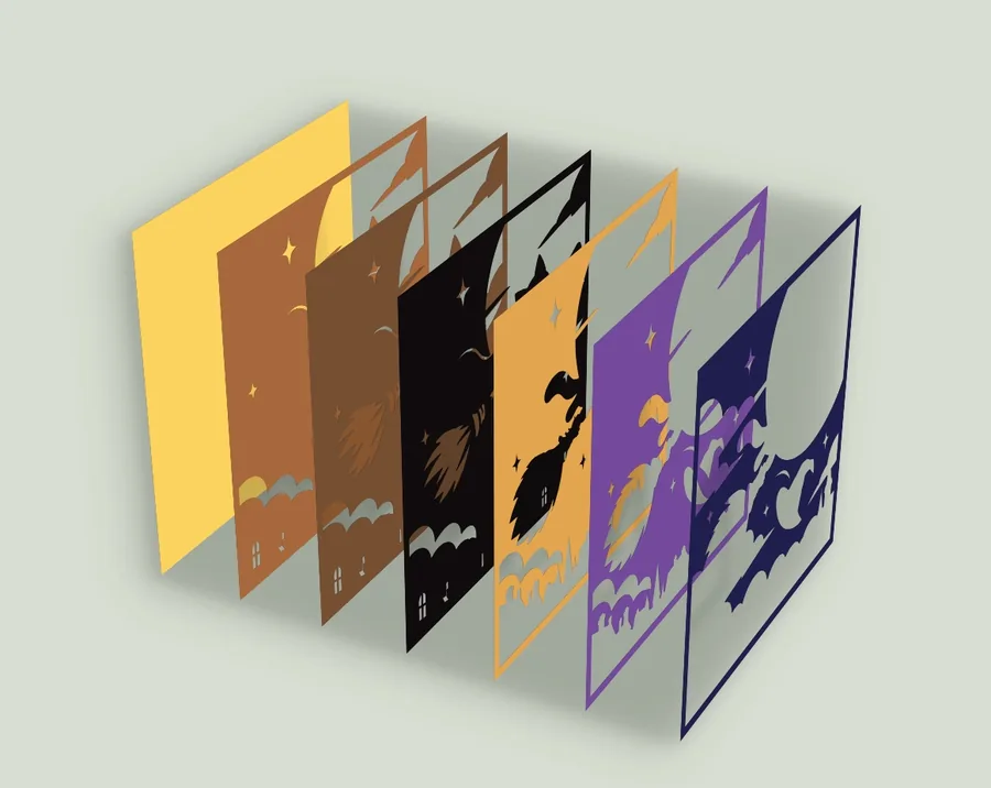 Exploded view of the 7 layers of the black cat on a witch's broom template