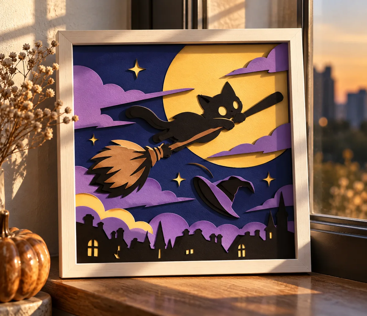 Black cat on a witch's broom layered papercut displayed in a room