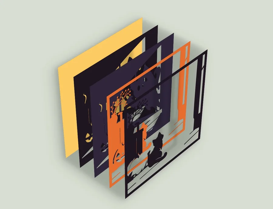 Exploded view of the 5 layers of the black cat with a ghost shadow template