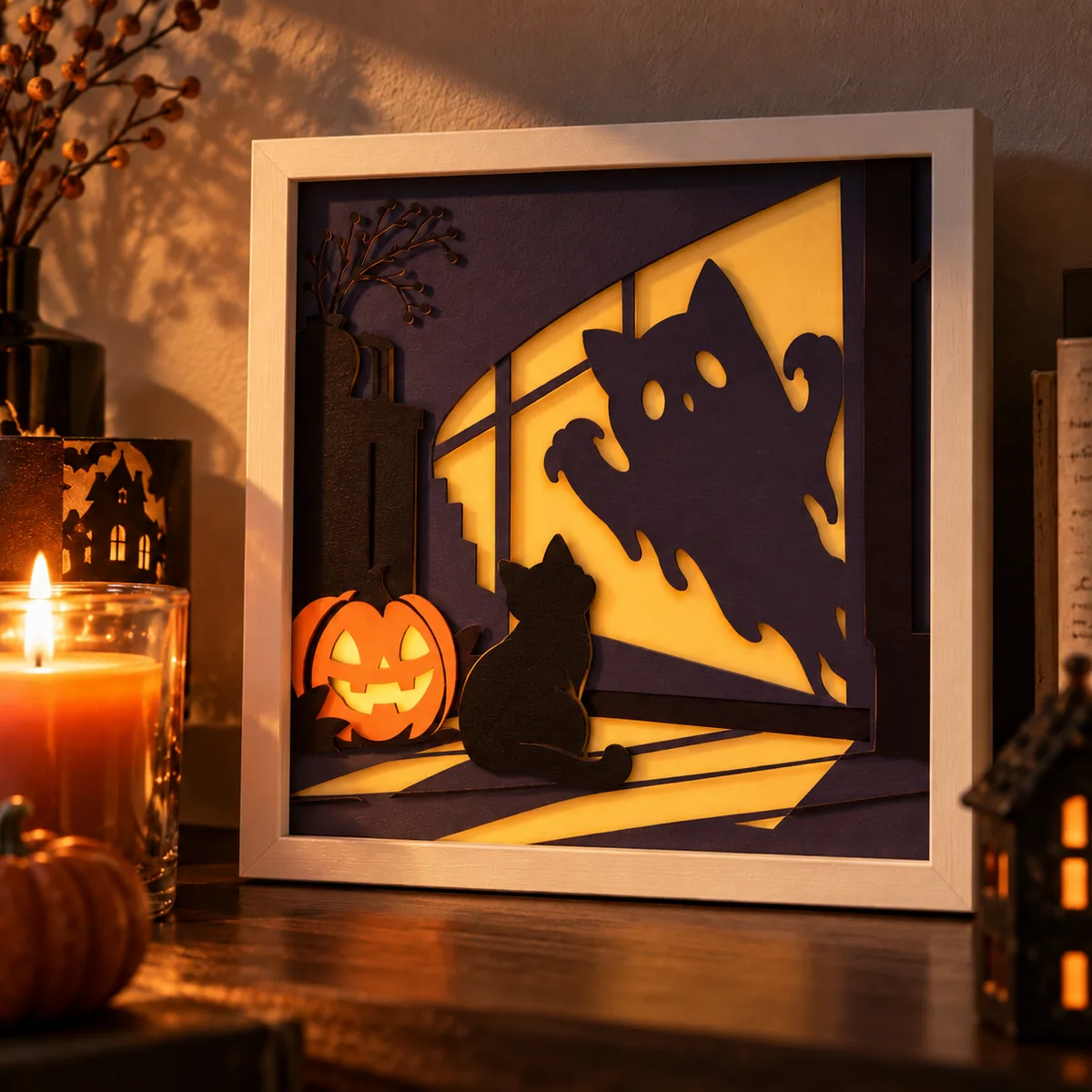 Black cat with a ghost shadow layered papercut displayed in a room