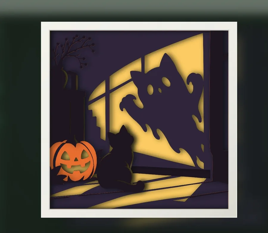 Finished black cat with a ghost shadow layered papercut in a frame